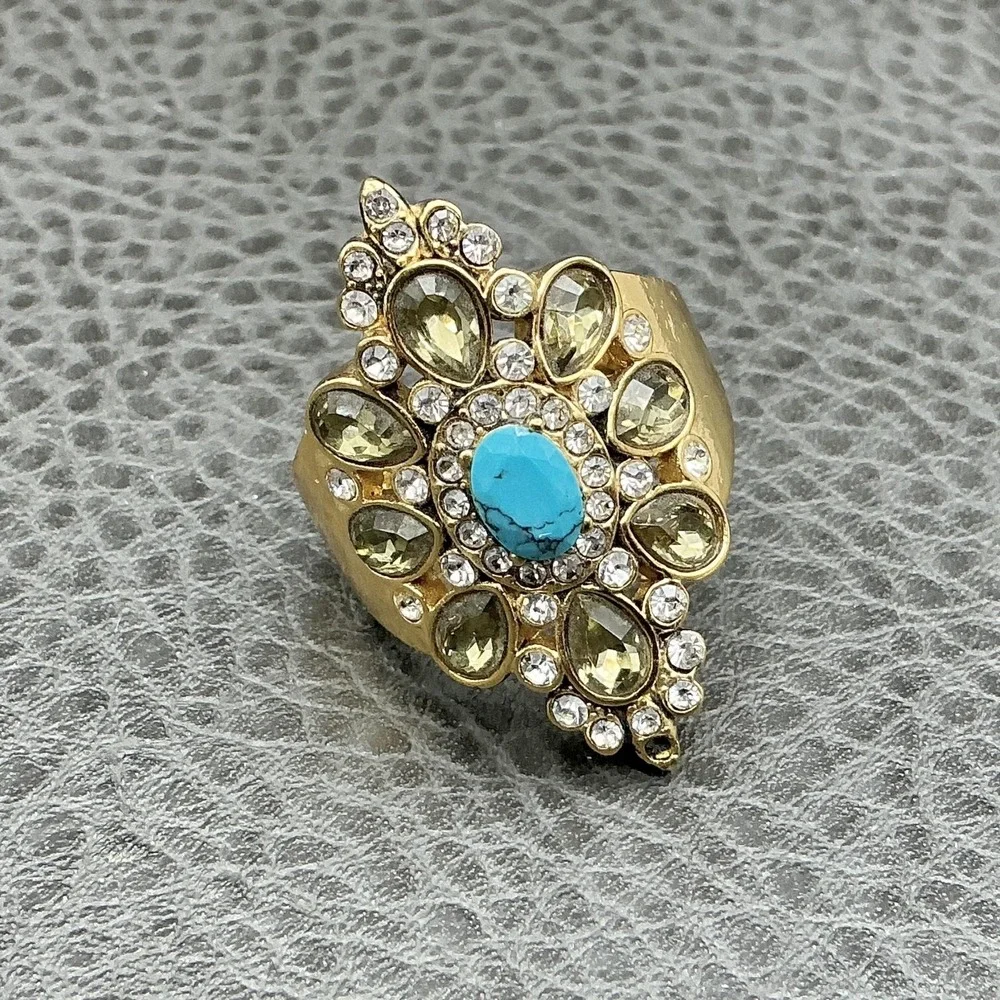 Ring Size 8 Gold Tone Turquoise Rhinestone Cocktail Statement‎ Teardrop Costume